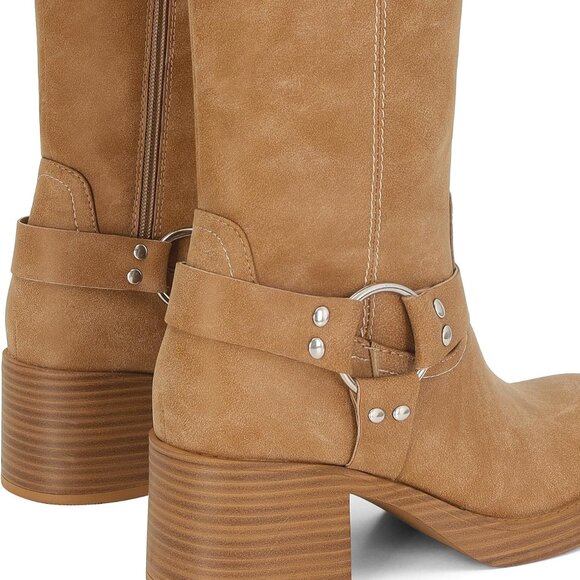 Women's Faux Leather Knee High Riding Boots Wide Calf Block Heel Zipper - Picture 3 of 7